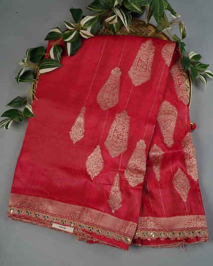Tissue Banaras Silk With Kardhana Stone Work & Scallop Border - Pink