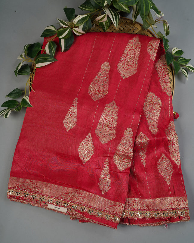 Tissue Banaras Silk With Kardhana Stone Work & Scallop Border - Pink