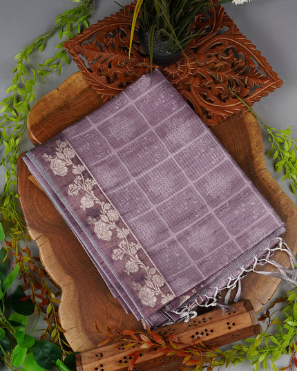 Kota Silk Saree With Floral Print and Gold Zari Border - Light Lavender