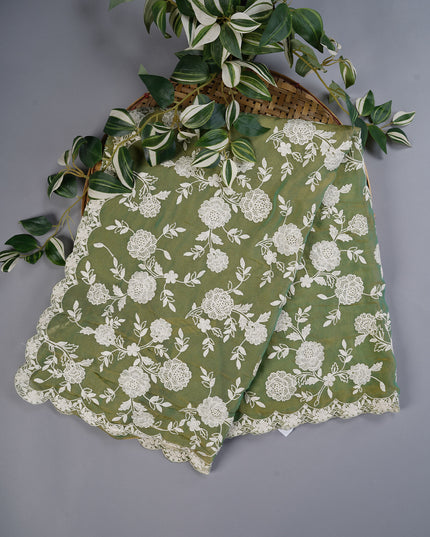 Tissue Georgette All Over Chicken Kari Work with Scallop Border - Sea Green