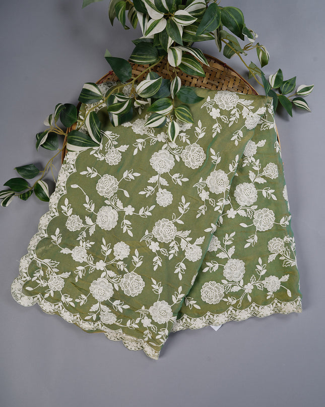 Tissue Georgette All Over Chicken Kari Work with Scallop Border - Sea Green