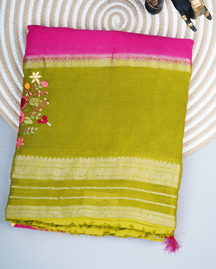 Chinnon Crape Saree French Knot Work Design and Golden Zari Gap Border Border - Pink