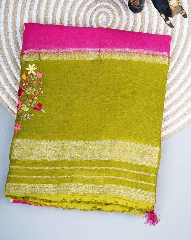 Chinnon Crape Saree French Knot Work Design and Golden Zari Gap Border Border - Pink