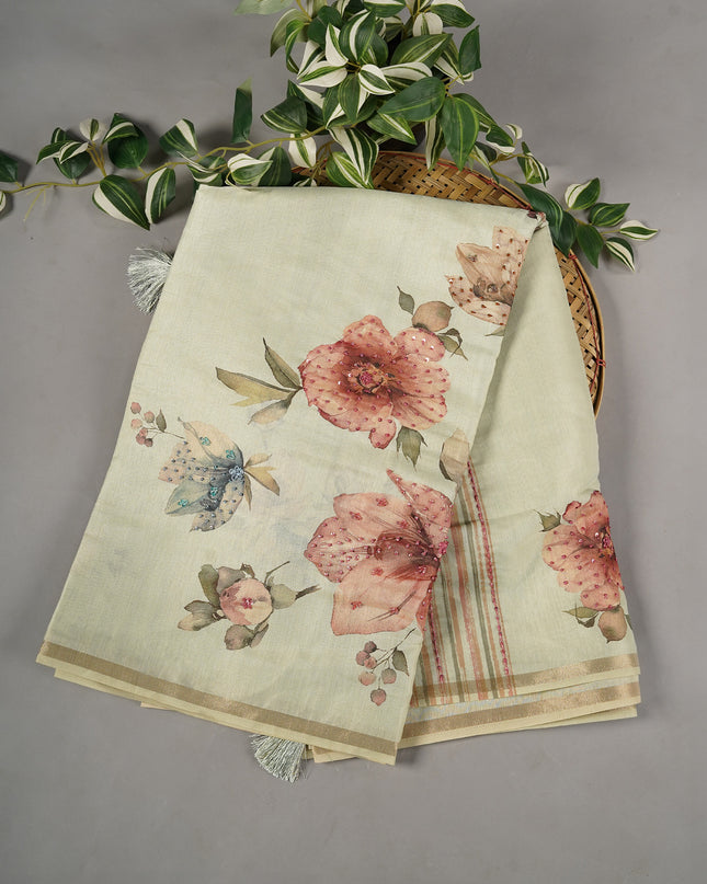 Semi Tusser Digital Print Sequence Pearl & Knot Hand Work - Pista Green