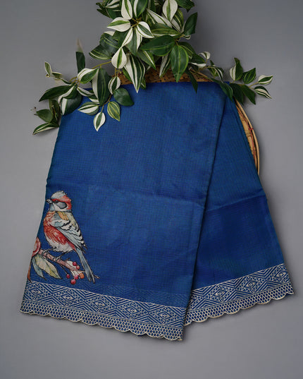 Kota Silk Saree with Applique Work and Scallop Border with Thread Work- Blue
