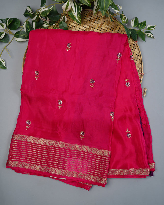 Russian Crape Khardhana Antique Buttis Banaras Border - Rani Pink
