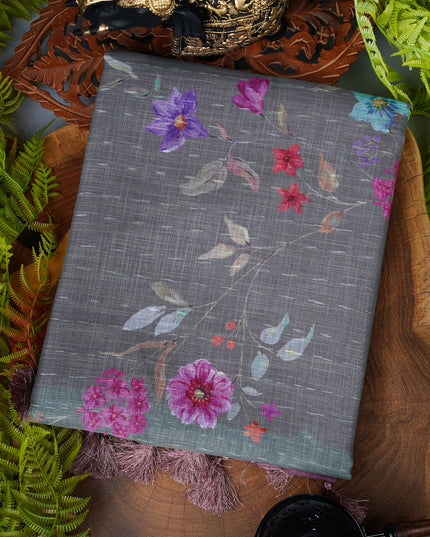Linen silk saree floral Print contrast Border - Grey