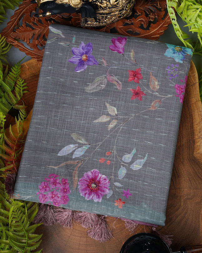 Linen silk saree floral Print contrast Border - Grey