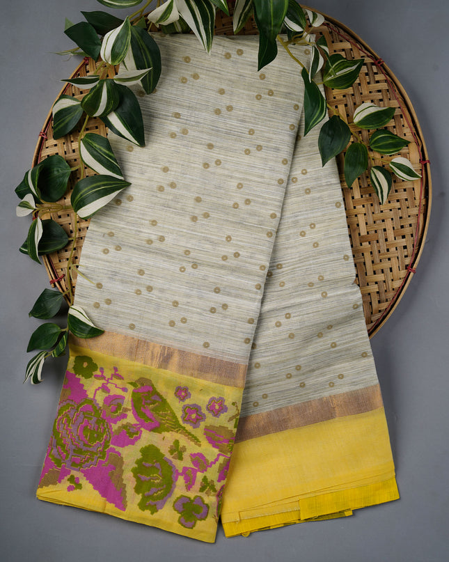 Chanderi Silk Saree With Floral Print Border - Beige