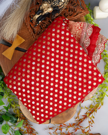 Banarasi Kaddi Georgette Saree With Gold & Silver Polka Dot With Scallop Border - Red