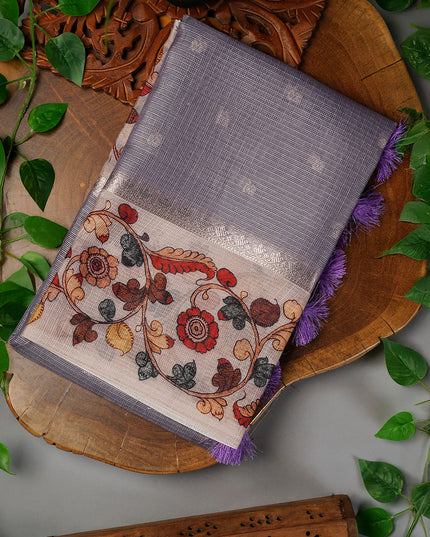 Tissue Kota Silk with Gold Butties and Contrast Floral Print Border- Lavender