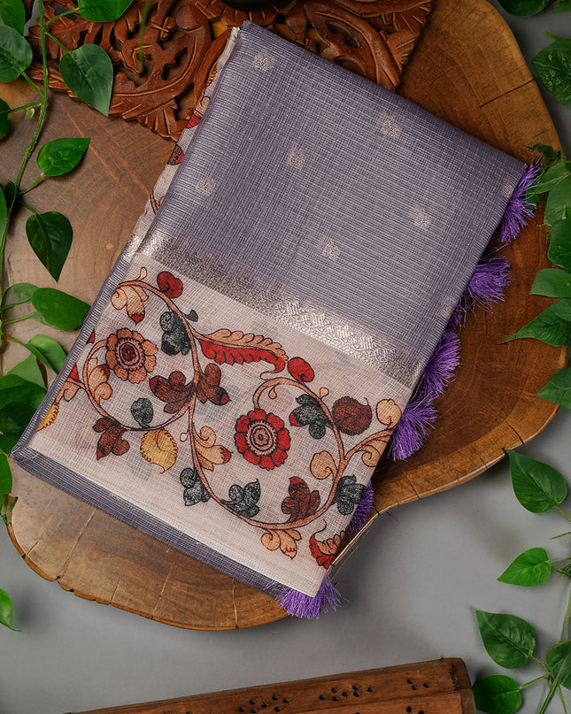 Tissue Kota Silk with Gold Butties and Contrast Floral Print Border- Lavender