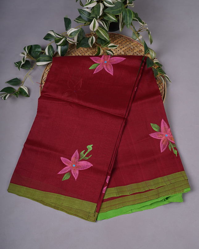 Mangalagiri Silk Hand Painted Saree - Maroon