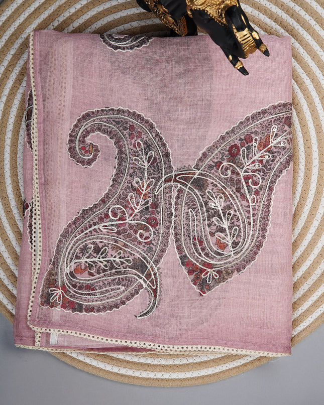 Tissue linen saree with Mango Butties And Dori work With Lace border - Baby Pink