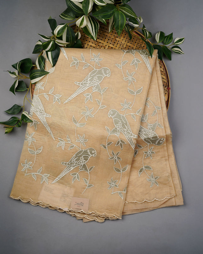 Tissue Linen Saree With Applique Work And Scallop Border - Beige