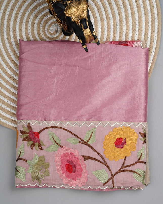 Kora Dupion Saree with Thread Work and Scallop Border - Onion Pink