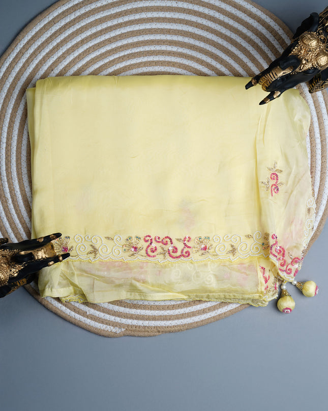 Russian crepe saree with Kardhana sequence butties and scallop border - L Yellow