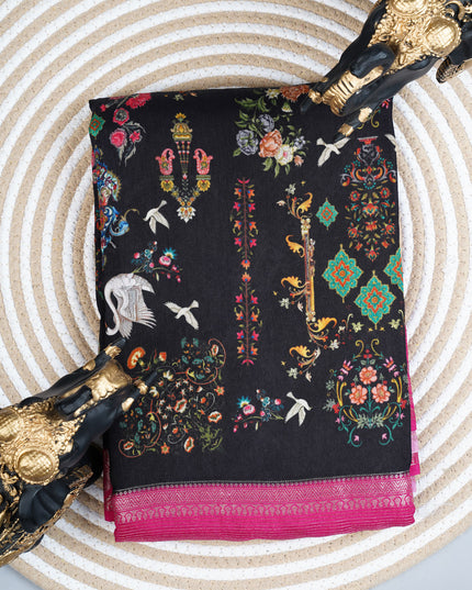 Munga Silk Saree With Digital  print and contrast border - Black & Pink