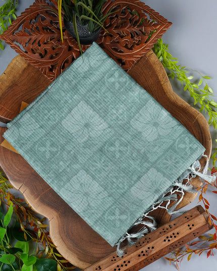 Kota Silk Saree with Floral Print and Gold Zari Border - Green