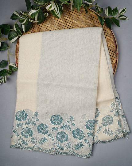 Kota Silk Saree with Thread Embroidery With Scallop Border - Cream & Teal