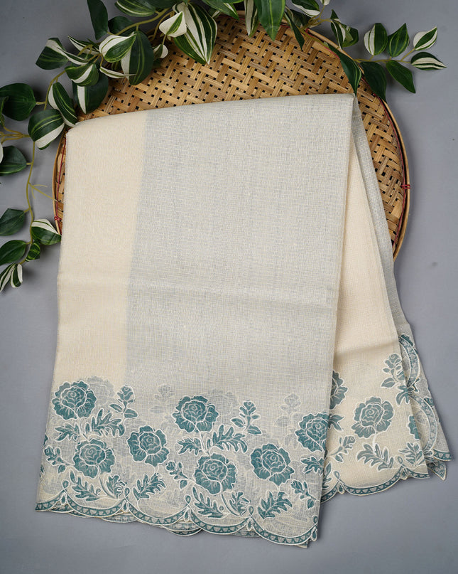 Kota Silk Saree with Thread Embroidery With Scallop Border - Cream & Teal