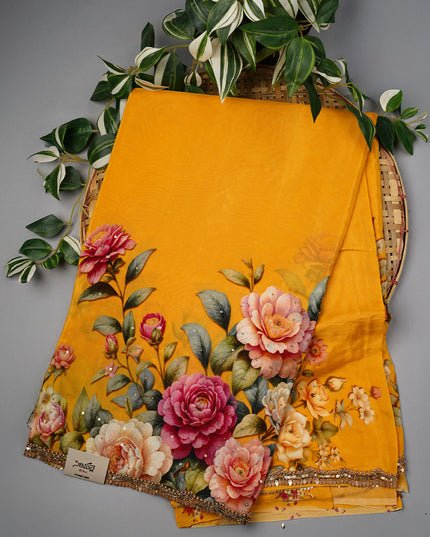 Crepe Saree With Floral Print Scallop Border Kardana Sequence Work - Yellow