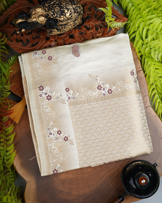 Banaras Silk Saree with Meenakari Butties and Golden Zari Border- Half White