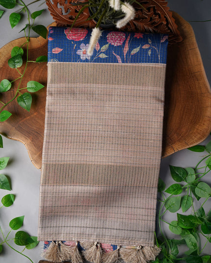Tusser Silk Saree Floral Print Contrast Border- Blue