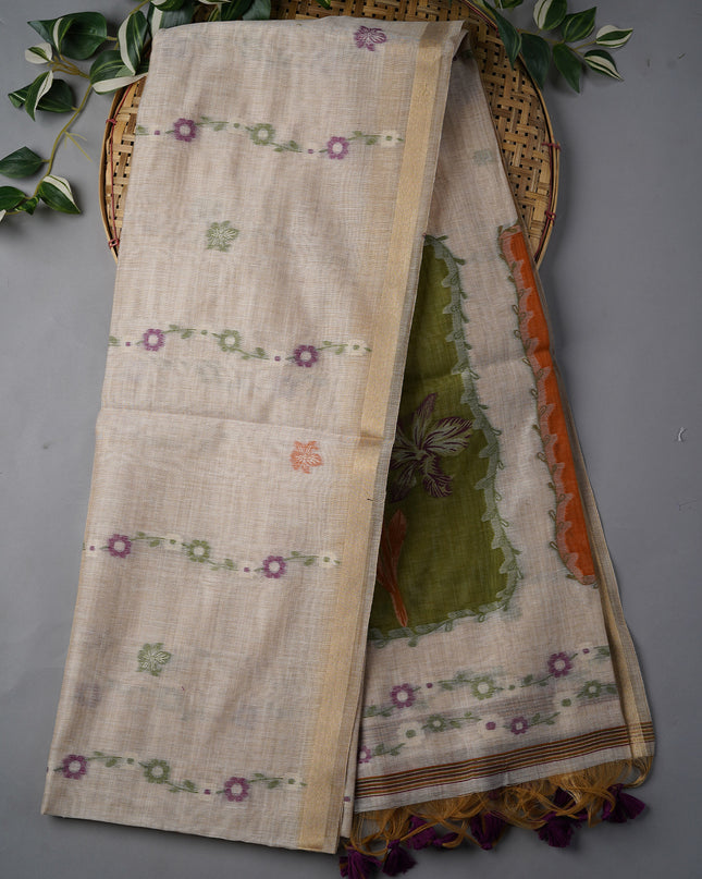 Kanchi Cotton Jamdani Weaving - Cream & Violet