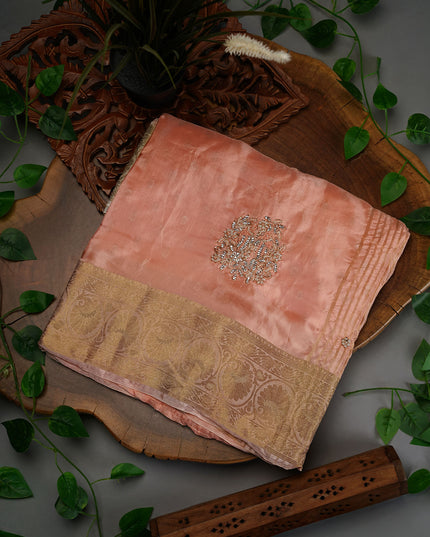 Russian Crepe with Zardozi Butties and Banaras Border- Peach