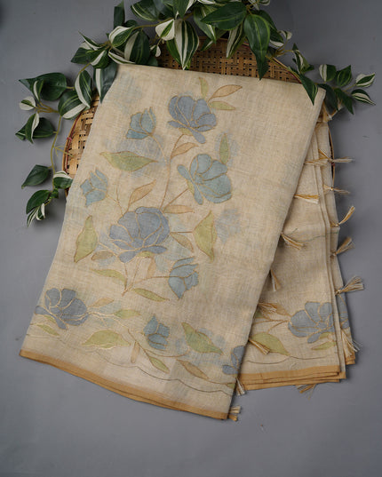 Tissue Linen Saree With Floral Print And Ari Work - Beige & Sky Blue