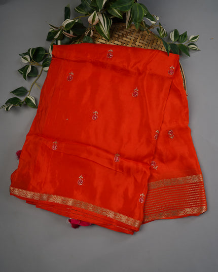 Russian Crape Khardhana Antique Buttis Banaras Border - Orange