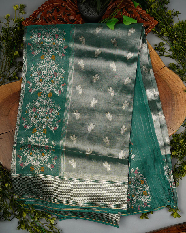 Tissue Banarasi Silk Saree with gold Zari Butties and Meenakari Border- Green