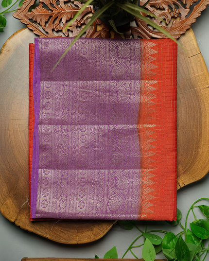 Green Silk All Over Golden Zari Weaving Checks Design with Kanchi Border- Orange