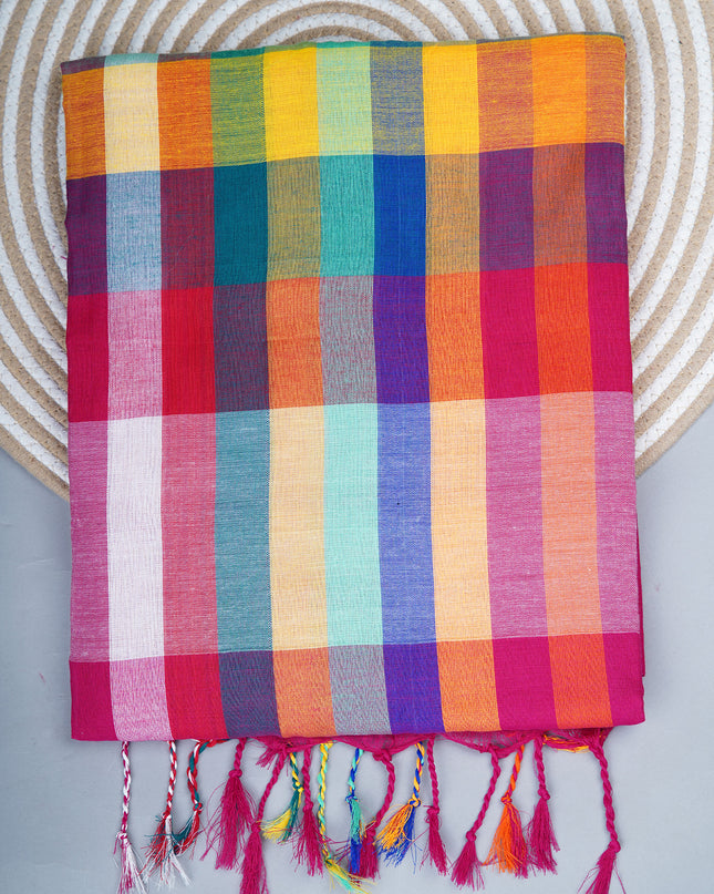 mulcotton saree with multicolored check pattern - Magenta