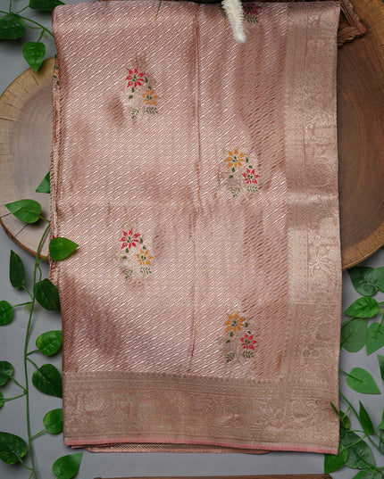 Tissue Banarasi Silk Saree with Meenakashi Butties and Golden Zari Border- Peach