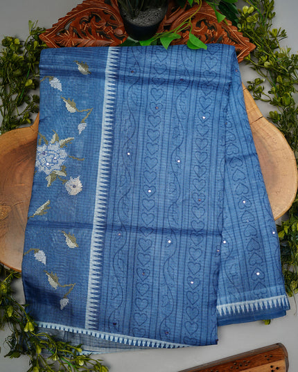 Kota Silk Saree with Mirror and Thread Work- Blue