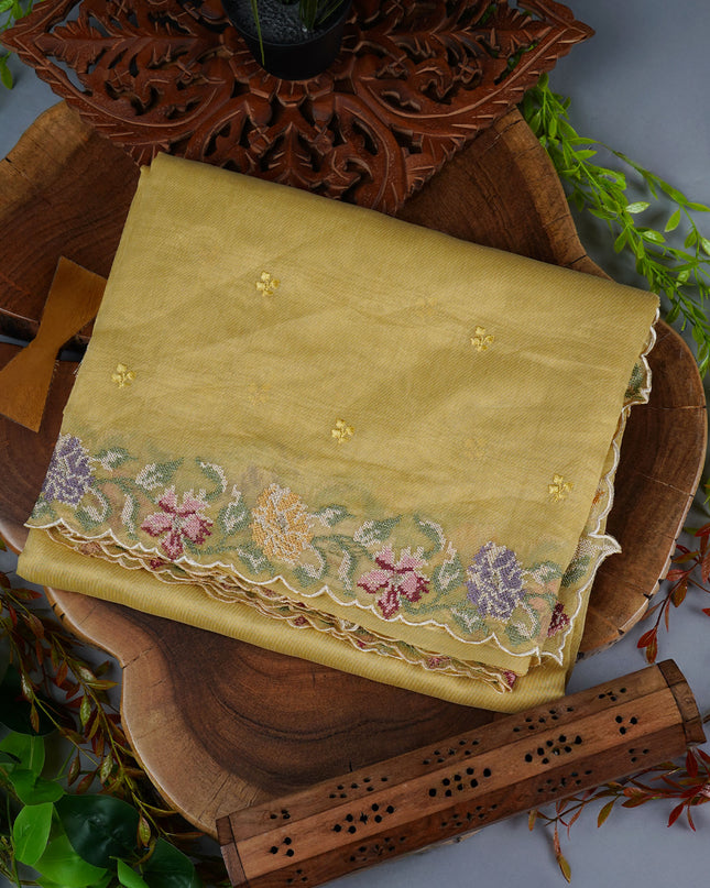 Linen Saree With Thread Work Butties and Scallop Border - Beige