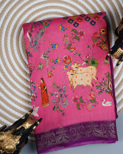 Munga Silk Saree With Digital pichwai print and contrast border - Pink & Purple