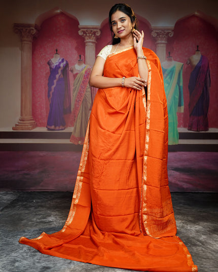 Binny Crepe Silk Saree With Golden Border - Orange
