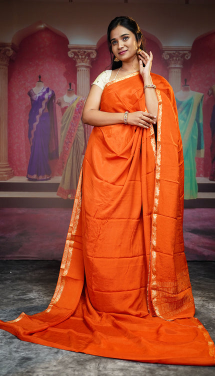 Binny Crepe Silk Saree With Golden Border - Orange