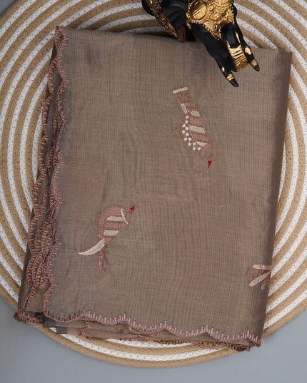Linen saree with thread work motifs and scallop border - Beige