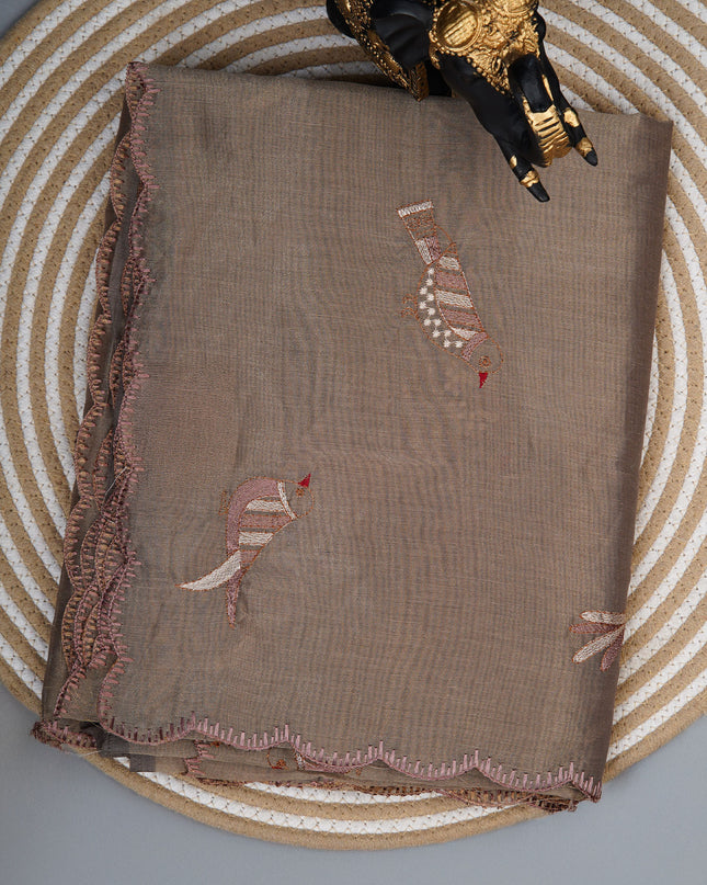 Linen saree with thread work motifs and scallop border - Beige