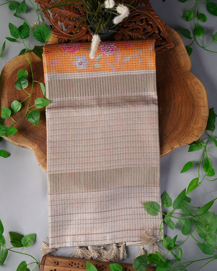Tusser Silk Saree with Floral Print Contrast Border-  Mustered