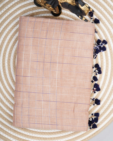 Mul cotton saree with allover check weaving and contrast border - Brown