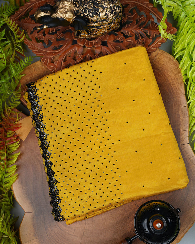 Russian crape saree with stone and sequence work and scallop border - Mustered