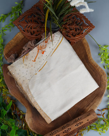 Chinon Saree with Floral Print Kardana Work Banaras Border - Beige