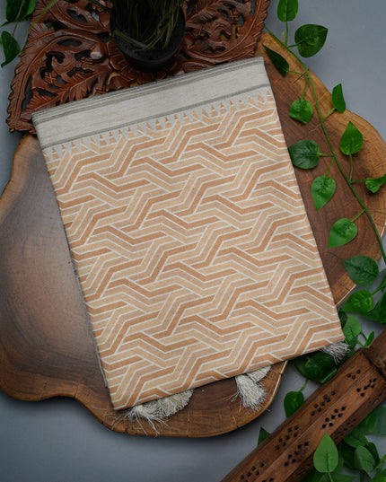 Tusser Silk Saree with Floral Print Border- Mustard