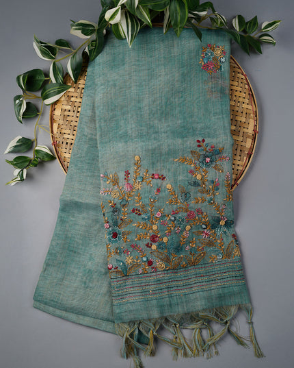 Tissue Linen Saree With Kantha Work & Contrast Border - Mint Green