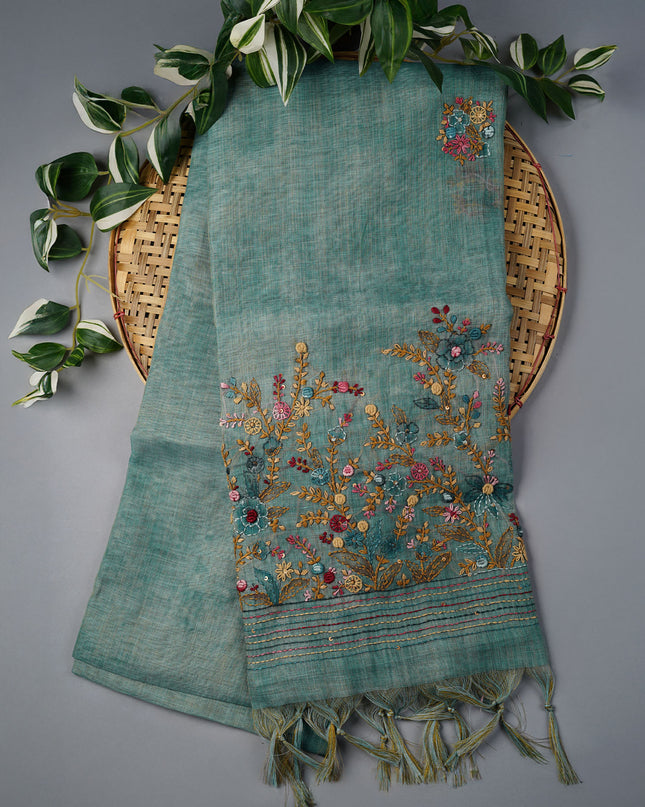 Tissue Linen Saree With Kantha Work & Contrast Border - Mint Green